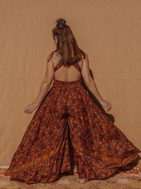 Gardenbelle Jumpsuit Wrap Bohemian Hippie Wide Leg Silk Orange Festival XXS/XS